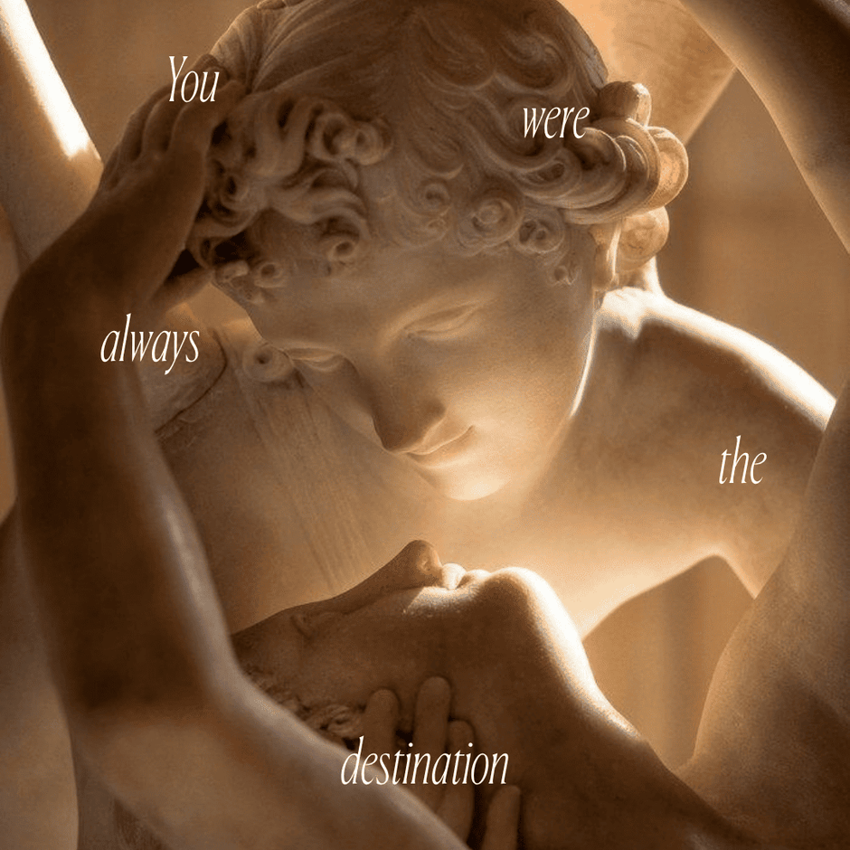 two marble sculptures kissing cupid and a woman, romantic lighting