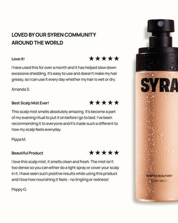 Customer reviews for Syra Essence Scalp Mist showing 5 out of 5 star ratings and testimonials