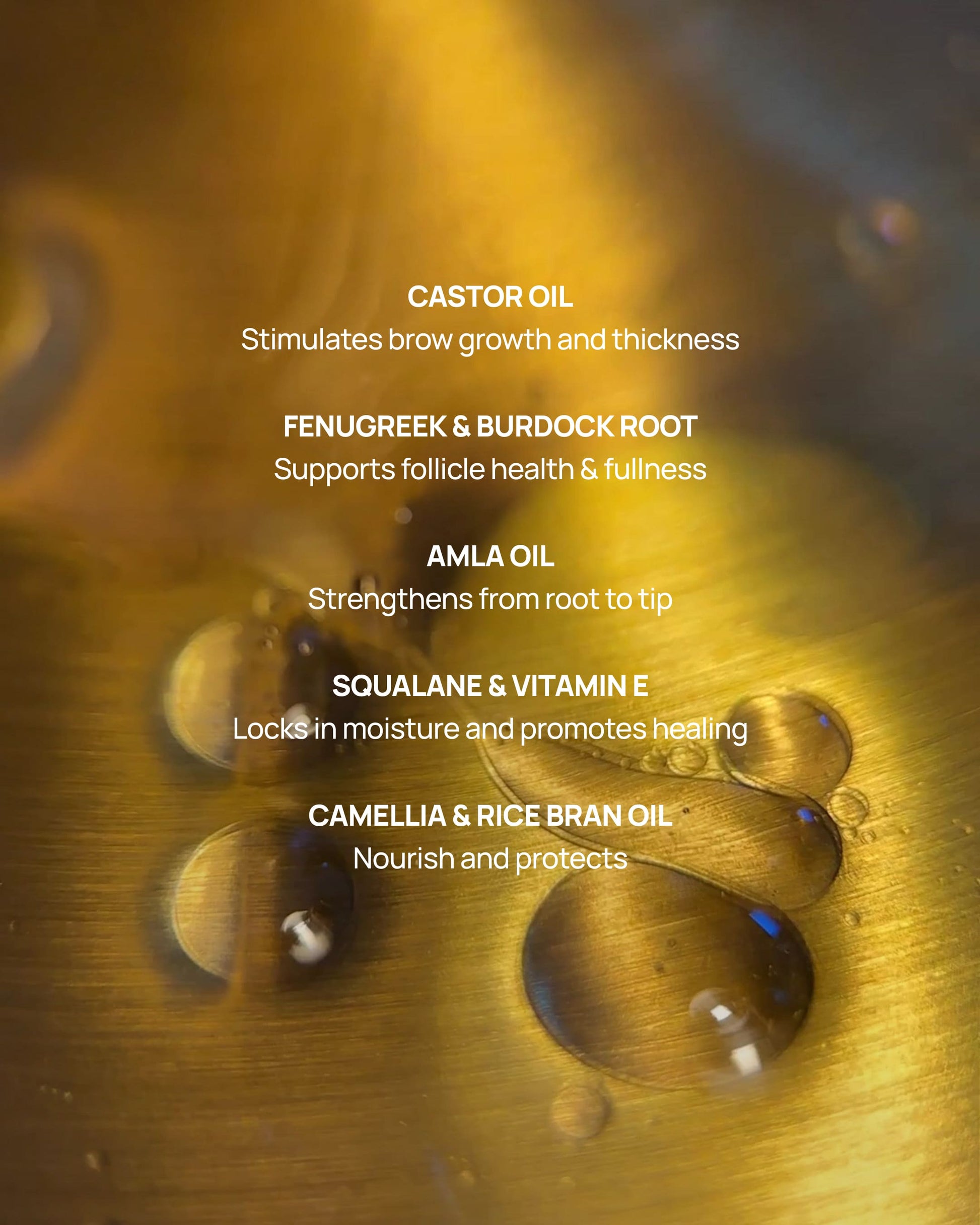 List of oils with their benefits on a gold background