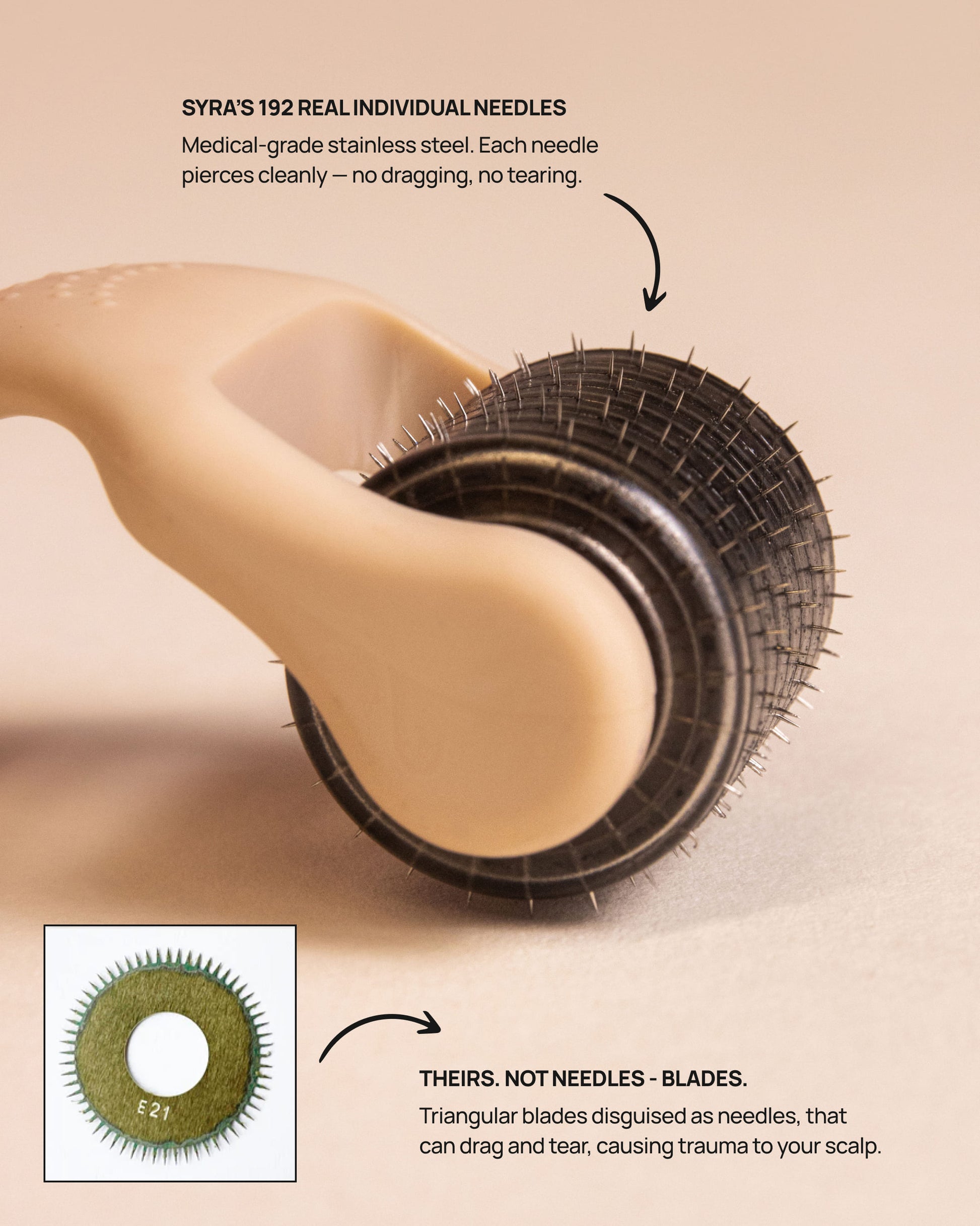 Syra Glow Dermaroller close-up highlighting 192 medical-grade stainless steel needles compared to disc-style dermaroller blades