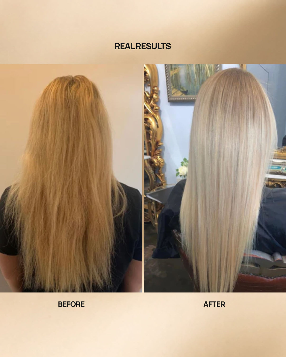 Before and after comparison of a person's long blonde hair, showing frizzy, uneven hair on the left and smooth, straight, shiny hair on the right. The image has a beige border with the text 'REAL RESULTS' at the top, 'BEFORE' under the left photo, and 'AFTER' under the right photo.